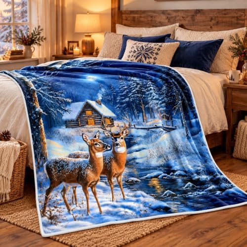 Christmas Throw Blanket, Winter Deer Snow Forest Holiday Theme Blanket for Couch and Bed, Warm Cozy Winter Cabin Throw, Super Soft, 50x60 Inch, Blue - Image 3