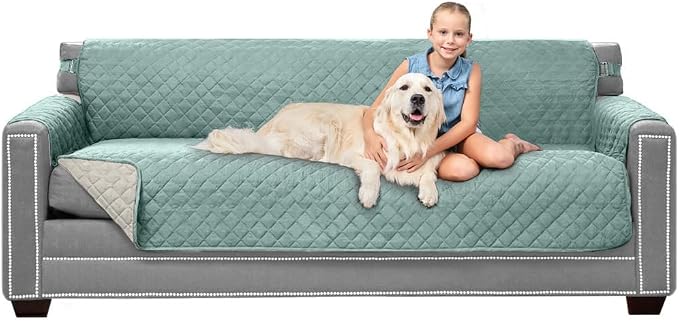 Sofa Shield® Couch Slip Covers for Dogs, Reversible Furniture Protector with Strap, Stain and Tear Resistant Cushion Cover, 78 inch Seat, Machine Washable Slipcover Pets, Cats, Seafoam Cream