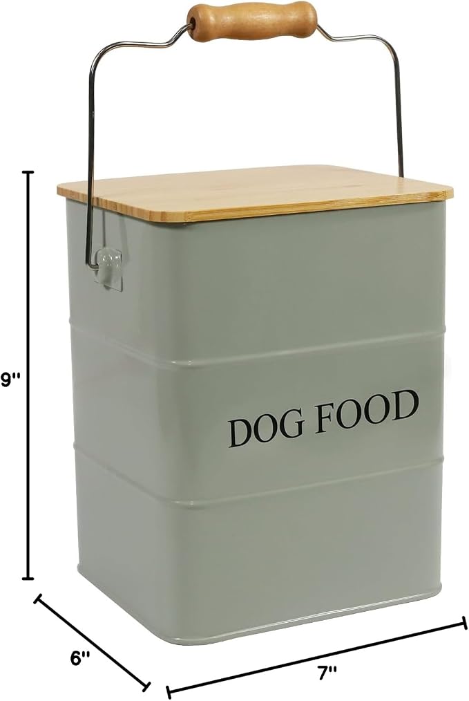 Dog Food storage container Dog Treats Jar,5~6 lb Metal food treats tin for Dog, pet snacks Canisters with wooden lid/handle/sevice scoop-Green