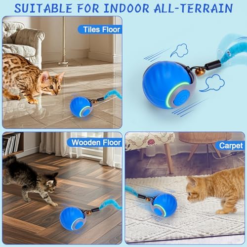 BABORUI Interactive Cat Toy Ball - Automatic Interactive Cat Toys for Indoor Cats with 3 Tails, 2 Speeds Rechargeable Cat Enrichment Toys for Small/Medium/Large Cats to Keep Them Busy(Blue) - Image 6