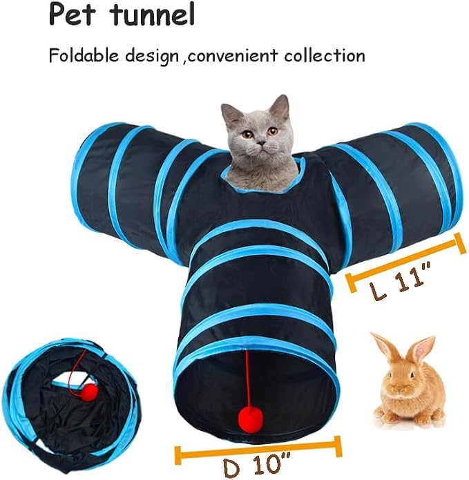 3-Way Collapsible Cat Tunnel Tube Toy Black Blue | Interactive Tunnel with Hanging Ball & Peek Hole for Indoor Cats, Kittens, Puppies, Rabbits | Hours of Fun & Exercise