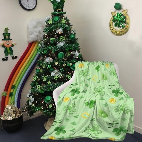 St. Patrick's Day Shamrock Greens Blanket, Ireland Lucky Clovers Throw Blanket, Horseshoe Gold Coin Flannel Blanket, Soft Lightweight Warm Fleece Blanket for Chair Sofa Couch, 40 x 50 Inch - Image 2
