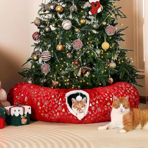 Rywell 3-in-1 Cat Tunnel Christmas Tree Skirt,Soft Plush Tunnel Bed for Indoor Cats Play, Rest & Hide, Foldable Cat Tunnel with Cozy Cushion & Toy Balls, Perfect for Christmas Tree Decor by Rywell