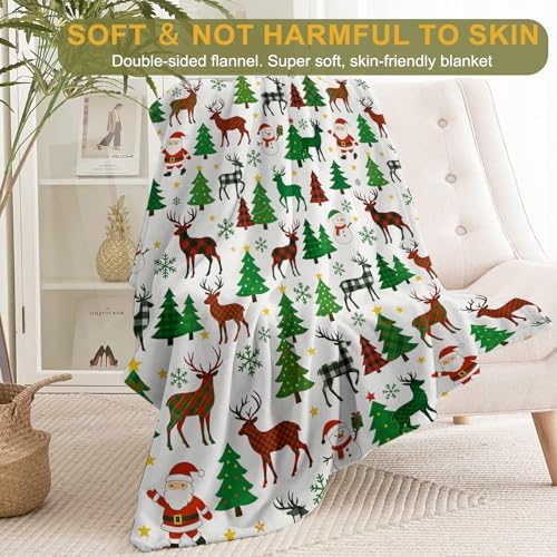 Reindeer Christmas Decorative Throw Blanket, Buffalo Plaid Snowman Tree Print Decoration, Soft Flannel Winter Blankets for Couch Bed Sofa, Holiday Home Decor, Xmas Festival Gifts 50x60 Inch - Image 2