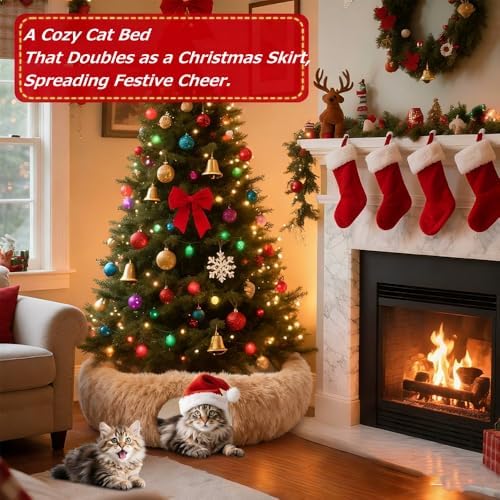 Cat Tunnel Christmas Tree Skirt， Cat Bed Under The Xmas Tree, Soft Plush Kitty Tunnel Bed with Washable Cushion, Two-Entry Peekaboo Round Christmas Cats Donut for Kitten Puppy Rabbit Ferret (Brown) - Image 3