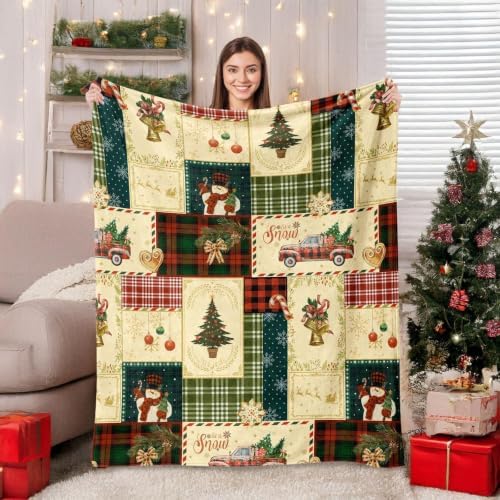 Neasow Vintage Christmas Throw Blanket, Retro Patchwork Grid Design Soft Fuzzy Cozy Flannel Blanket Gift for Family and Friends Home Sofa Couch Chair Decorative 50x60 Inch - Image 2