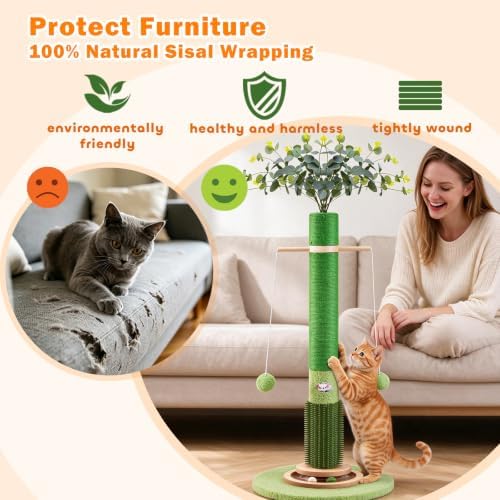 40" Cat Scratching Post,Natural Sisal Rope Cat Scratcher Tree - Image 3