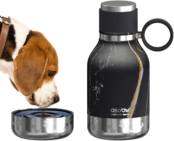 Asobu Buddy Bottle a Stainless Steel Insulated Water Bottle for with Removable Dog Water Bowl and Dog Food and Treat Storage Bowl (Midnight Marble, 37 oz Water Bottle with Bowl)