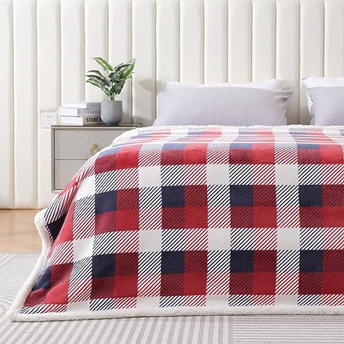 Touchat Sherpa Plaid Twin Blanket 60" X 70", Fuzzy Fluffy Soft Cozy Throw Blanket, Twin Size Plush Fleece Flannel Plush Microfiber Blanket for Couch Bed Sofa (Red Color) - Image 3