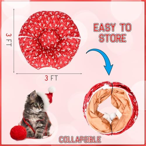 Cat Tunnel Christmas Tree Skirt Cat Bed Indoor 3 ft x 3 ft x 10 Inch Kitten Donut Tunnel with Ball Peekaboo Cave Pet Bed Round Hideaway Holiday Cave Circle Pets Gift(Elk) - Image 2