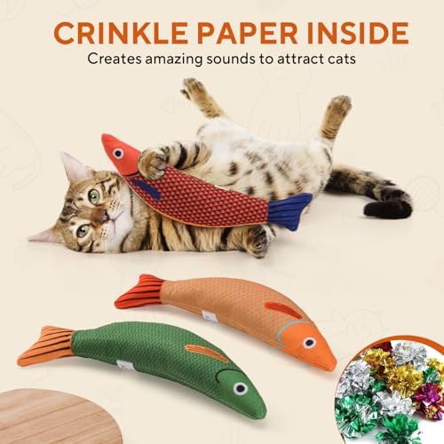 AUSCAT Cat Catnip Toys, 3PCS Catnip Fish Toy for Cats, Cat Kicker Toys with Crinkle Sound, Interactive Plush Soft Cat Toys for Indoor Cats and Kittens - Image 4