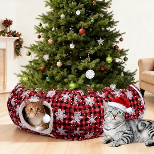 Christmas Cat Tunnel Tree Skirt – Warm Flannel Donut Tunnel Bed with Soft Cushion & Hanging Ball Toy, Peekaboo Cat Cave Under Tree for Indoor Cats to Prevent Christmas Tree Falling, Plaid Red by Unknown