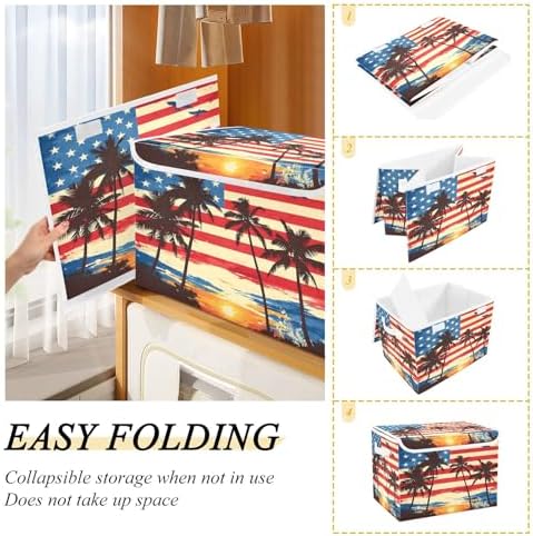 Bolaz American Flag Coconut Tree Storage Bins with Lids and Handles, Storage Box Basket with Cover Collapsible Organizer Containers for Home Closet, Shelves - Image 4