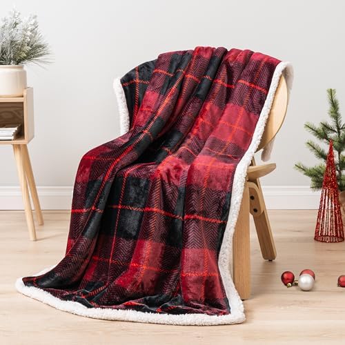 PAVILIA Plaid Sherpa Throw Blanket for Couch Sofa Bed, Black Red, 50x60 - Image 4