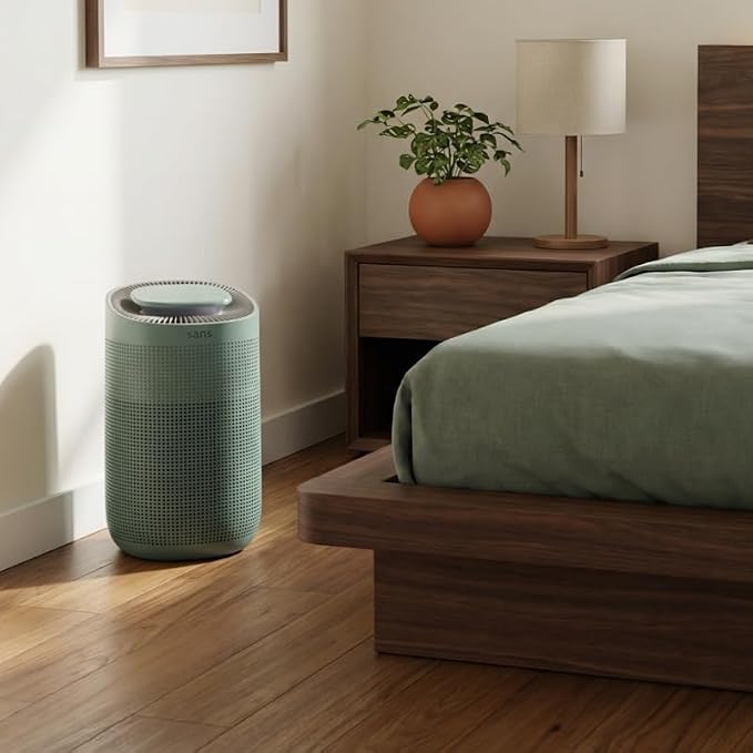 Sans Air Purifier Mini for Large Rooms (Up to 490 Sq Ft) – True HEPA & | Activated Carbon Filter for Allergies, Pets, Dust, and Odors | Quiet 25dB Operation with UV-C Light & Lights-Out Mode (Agave)