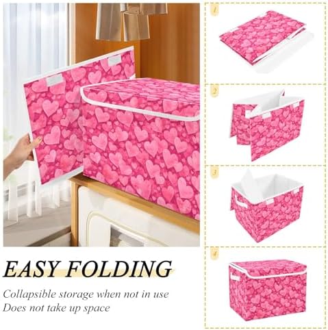 Bolaz Storage Bins with Lids and Handles,Valentines Day Pink Hearts Storage Box Storage Basket with Cover Collapsible Organizer Containers for Home Closet, Shelves - Image 3