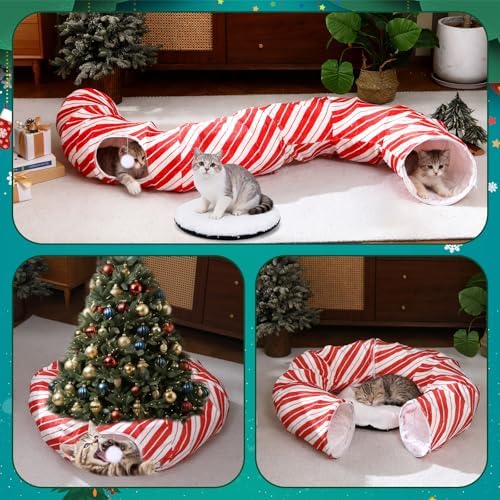 Leyndo 37 x 10 Inches Candy Cane Cat Tunnel Christmas Tree Skirt Bed Under Christmas Tree Cat Cave Donut with Central Mat Festive Decor for Small Medium Large Cats, Kittens, Rabbit - Image 6