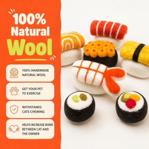 Glaciart One Wool Sushi Cat Toy Set with Catnip, 7 Pcs Cute Felt Cat Toys for Interaction and Boredom Relief, Encourages Exercise, Exploring and Play - Image 2
