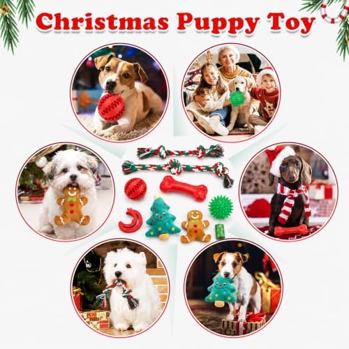 Christmas Dog Toys 9 Pack, Luxury Santa Puppy Chew Toy, Cotton Squeaky Plush Toys for Small Dogs, Durable Interactive Rope Treat Dog Ball and Bones, Rubber Teething Toys for Dogs Gifts - Image 7