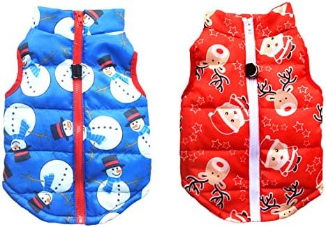 SEIS 2 Pcs Christmas Dog Cotton Wadded Jacket Snowman Pet Coat with Harness Hook Xmas Elk Cats Hoodie Vest Santa Claus Puppy Costume for Cats Small Medium Dogs (XS (Chest Circumference 35cm/13.78")) by SEISPetSupplies