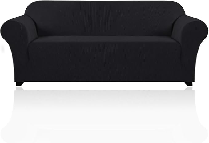 Stretch Sofa Cover Slipcover Couch Covers for 3 Cushion Couch Furniture Protector Sofa Covers with Non Slip Elastic Bottom Dogs Pet Friendly Fitted(Large Sofa 90"-100",Black)