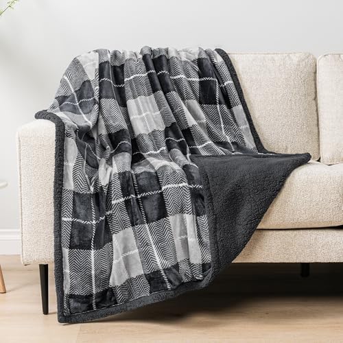 PAVILIA Plaid Sherpa Throw Blanket for Couch Sofa Bed, Dark Grey, 50x60 - Image 2