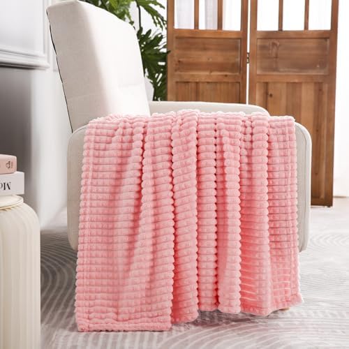 Puncuntex Fleece Throw Blanket Light Pink 50"×60" with Square Grid Design - Image 2