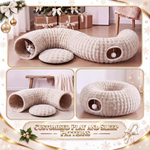 Christmas Tree Cat Tunnel 36 in Donut Bed, Cream, Bubble Fleece, Fluffy - Image 3
