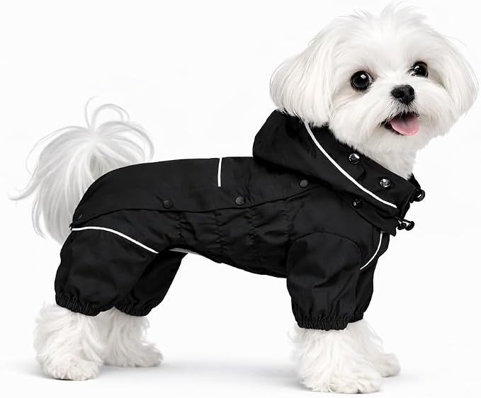LOVELONGLONG Waterproof Dog Raincoat with Removable Hood – Outdoor Full Body Dog Jacket, Windproof Snowproof Shell Suit – All Season Pet Rain Gear Black XXS