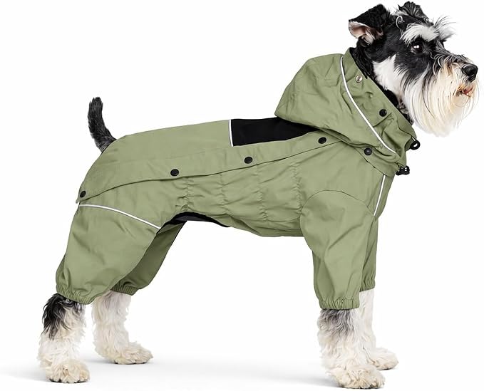 LOVELONGLONG Fleece-Lined Dog Raincoat with Removable Hood – Waterproof Winter Full Body Dog Jacket – Windproof Snowproof Cold-Weather Suit – Green-F S+