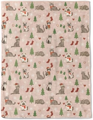 Cat Christmas Decorative Throw Blanket, Cute Kitten Tree Sock Snowflake Print Decoration, Soft Flannel Winter Blankets for Couch Bed Sofa, Holiday Home Decor, Xmas Festival Gifts 50x60 Inch by AINORI