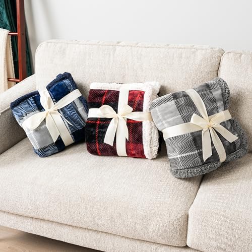 PAVILIA Twin Plaid Sherpa Throw Blanket for Couch Sofa Bed Light Grey 60x80 - Image 7