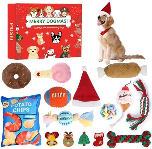 ANOTION 12 Days Christmas Dog Toys Advent Calendar 2025 – Interactive Squeaky Dog Toys Set for Small to Large Dogs, for Aggressive Chewers, Includes Chew Toys, Ropes, Balls, and More by ANOTION