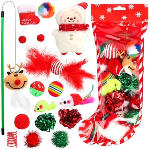 Christmas Stocking Cat Toys, 15PCS Christmas Cat Toy Set with Mouse, Squeaky Toys, Balls, Cat Teaser, Indoor Interactive Cat Toy Gift - Red by Yeghujar
