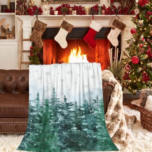 Xmas Blanket Watercolor Pine Tree Forest, Christmas Soft Cozy Flannel Blanket, Winter Snowflake Snowy Lightweight Throw Blanket for Home Party Bed Sofa Couch, 50" x 60" - Image 5
