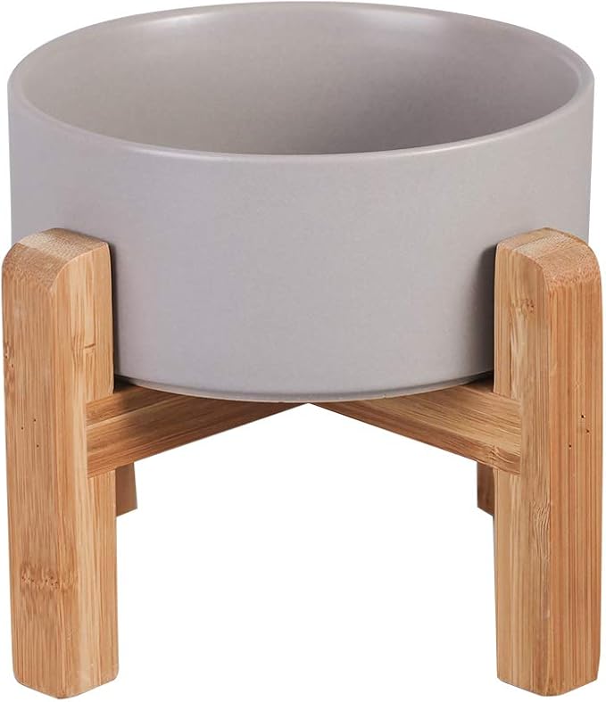 Ceramic Elevated Raised Cat Bowl with Wood Stand No Spill Pet Food Water Feeder Cats Small Dogs