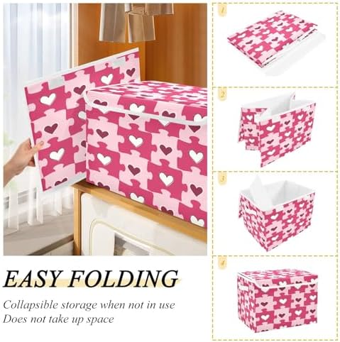 Bolaz Heart Shaped Love Puzzle Storage Bins with Lids and Handles, Foldable Storage Box Storage Basket with Cover Collapsible Organizer Containers for Home Closet, Shelves - Image 4