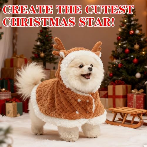 EXPAWLORER Dog Christmas Costume Winter Coat with Hat, Fleece Warm Elk Pet Cloak Cape Blanket with Antlers for Cold Weather, Thicken Dog Sweater Jacket Clothes for Small Medium Large Dogs Cats Brown L - Image 2