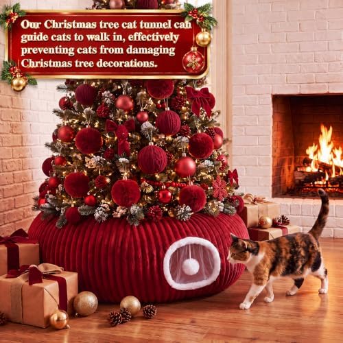 Christmas Tree Cat Tunnel 36 in Donut Bed, Red, Flannel, Corduroy - Image 2