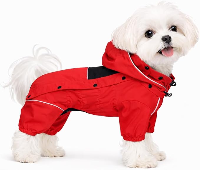 LOVELONGLONG Waterproof Dog Raincoat with Removable Hood – Outdoor Full Body Dog Jacket, Windproof Snowproof Shell Suit – All Season Pet Rain Gear Red XXS