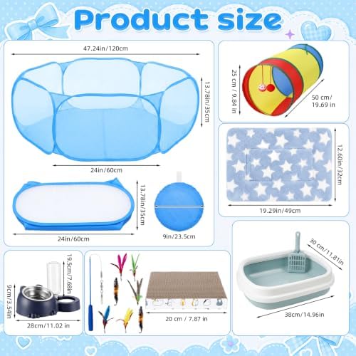 13 Pcs Kitten Starter Kit with Playpen Litter Box Feeder, Blue - Image 2