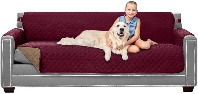 Sofa Shield® Couch Slip Covers for Dogs, Reversible Furniture Protector with Strap, Stain and Tear Resistant Cushion Cover, 78 inch Seat, Machine Washable Slipcover Pets, Cats, Burgundy Tan