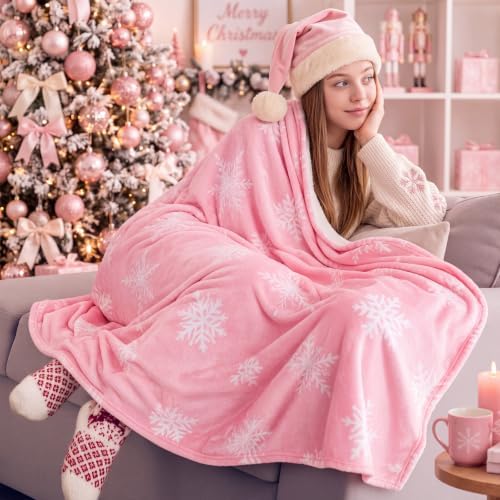 Fuweave Pink Christmas Throw Blanket 50 x 60 Inches Snowflake Throw Blanket - Image 6