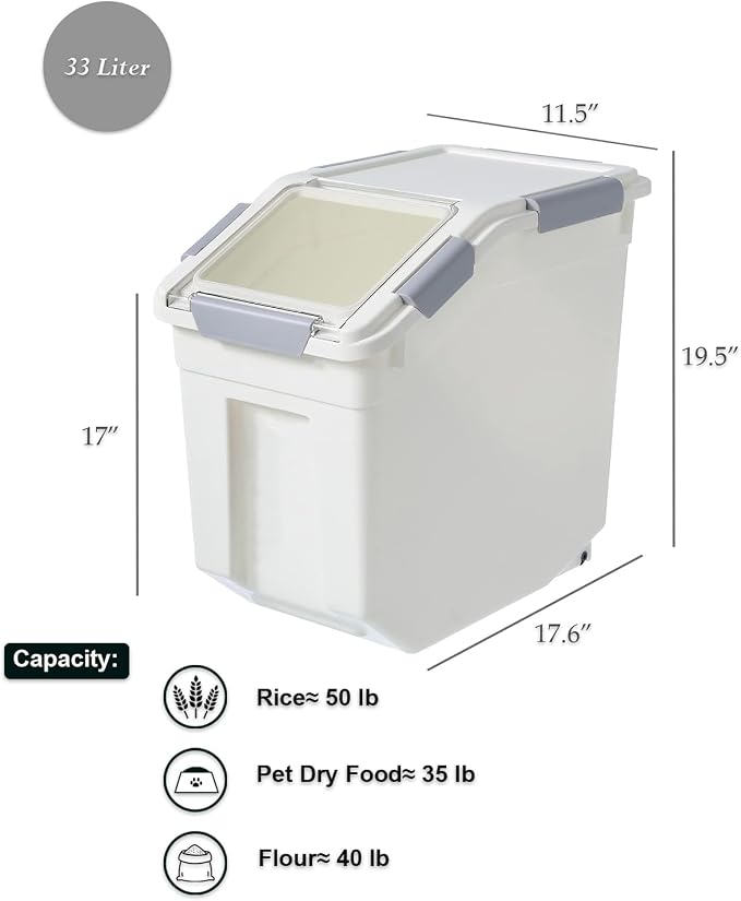 33 Liter / 50 lbs Rice Storage Container with Measuring Cup, BPA free, For Rice | Grain | Pet Food | Flour, 2 count, White