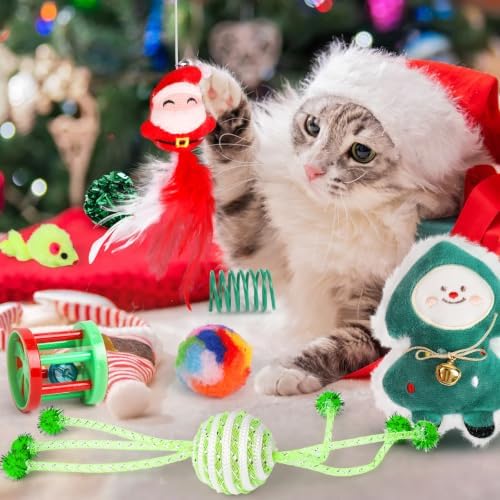 Christmas Stocking Cat Toys, 15PCS Christmas Cat Toy Set with Mouse, Squeaky Toys, Balls, Cat Teaser, Indoor Interactive Cat Toy Gift - Green - Image 2