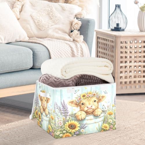 Bolaz Sunflower Heights Cattle Storage Bins with Lids and Handles, Storage Box Basket with Cover Collapsible Organizer Containers for Home Closet, Shelves - Image 5