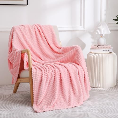 Puncuntex Fleece Throw Blanket Light Pink 50"×60" with Square Grid Design by Puncuntex