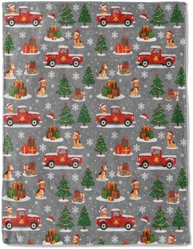 Christmas Decorative Throw Blanket, Red Truck Dog Tree Snowflake Print Decoration, Flannel Winter Blankets for Couch Bed Sofa, Holiday Home Decor, Xmas Festival Gifts for Pet Lovers 50x60 Inch by AINORI