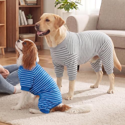 XPUDAC 4 Pack Dog Pajamas Striped Dog Clothes for Small Medium Dogs Girl Boy Comfy Puppy Outfit Doggy Jammies Onesie Pet Costume, Blue, Grey, Green, XL - Image 4