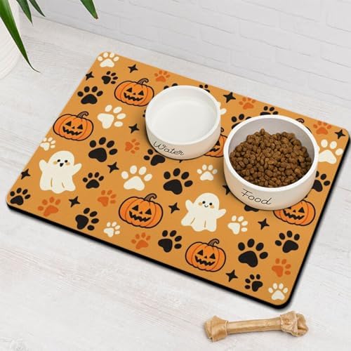 Halloween Dog Food & Water Mat, Orange Pumpkin Ghost Paw Prints Pet Feeding Mat for Floor Non-Slip Waterproof, Super Absorbent Cat Bowl Mat, Easy to Clean Pet Placemat,12" × 20" by Stunnoosy